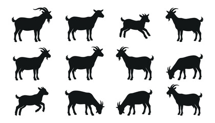 Fototapeta premium Goat Silhouette Icon Set Featuring Domestic Farm Animals in Various Poses for Rural Graphic Designs, Cutting Machines, and Agriculture Logo Concepts