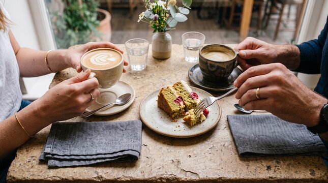 People sharing coffee and dessert