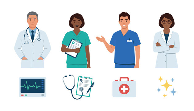 Medical Team Vector Character Set with Doctors, Nurses, and Healthcare Icons for Hospital Websites, Clinics, and Medicine Presentation Graphics