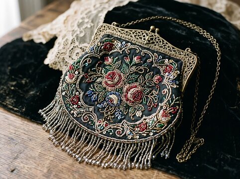 Vintage 1920s flapper beaded purse with floral embroidery and gold frame