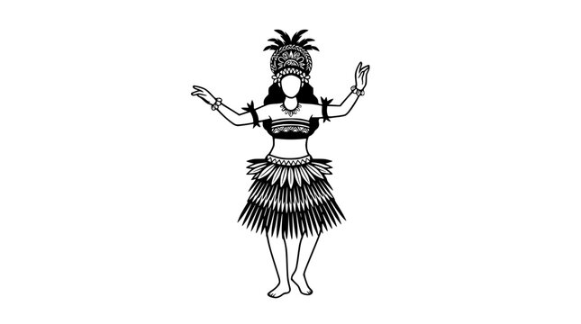 Polynesian Dancer Woman in Traditional Costume, Outline Illustration