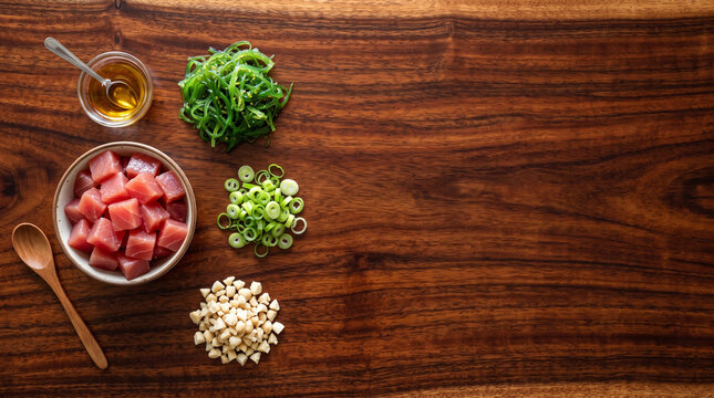 Overhead flat lay of raw Hawaiian Ahi tuna poke cubes and seaweed on Koa wood