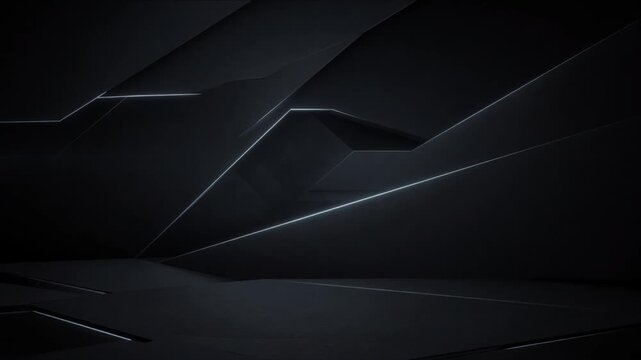 Cinematic futuristic technology background with abstract geometric dark black polygon surface, subtle glowing linear accents, sharp metallic edges, and blue light creating sleek mysterious digital