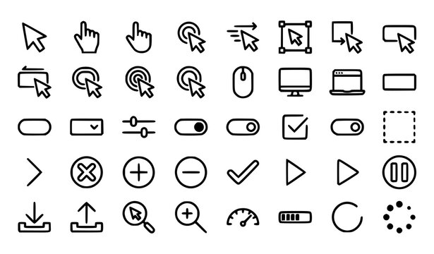 Web Interface Cursor and UI Control Outline Icon Collection with Click, Button and Loading Symbols