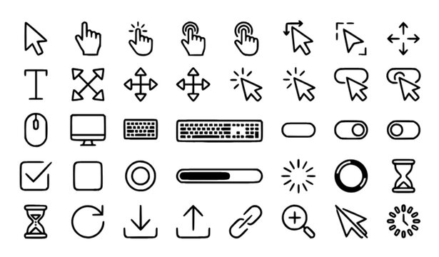 Computer Cursor and Hand Click Linear Icon Set with Pointer, Mouse and UI Interaction Symbols