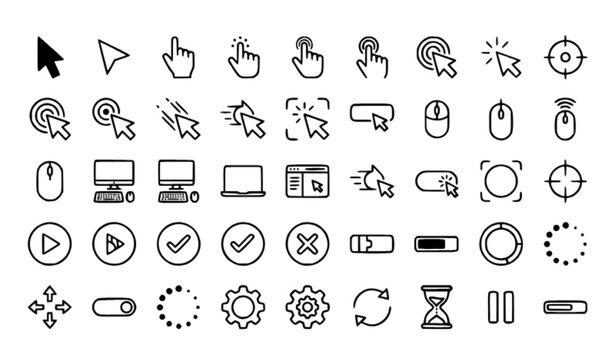 Cursor Click and Loading Linear Icon Set with Hand Pointer Mouse and Digital Interaction Symbols