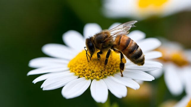 A honey bee collects pollen from a white daisy flower with a yellow center in a natural garden setting