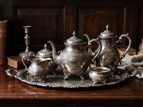 Antique sterling silver tea set with ornate teapot and sugar bowl displayed on vintage tray