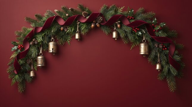Festive christmas garland with hanging bells and pine branches against a dark red wall background