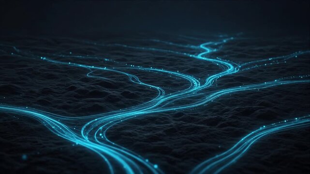 Cinematic futuristic technology background with glowing blue data pathways crossing dark textured surface, creating digital connection, flowing network energy, innovation and connected infrastructure