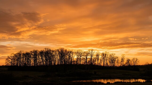 Silhouetted autumn trees against a vibrant orange sunset sky with a reflective pond in the foreground 