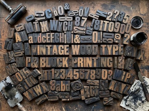 Vintage wooden letterpress blocks arranged for traditional ink printing