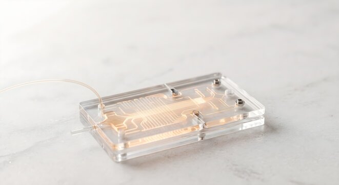 Modern transparent microfluidic lab on a chip on off-white stone surface