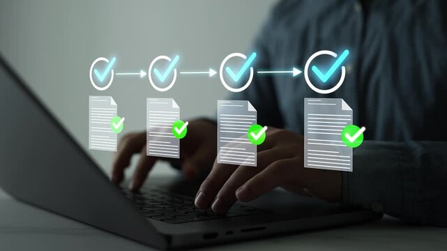 Digital task document management with checkmark, workflow optimization and project planning. Corporate productivity, document review and business process automation concept.