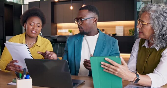 Tablet, team and meeting with document for campaign strategy, SEO stats and competitor research. People, tech and paperwork at agency for marketing funnel, editorial planning and KPI data comparison