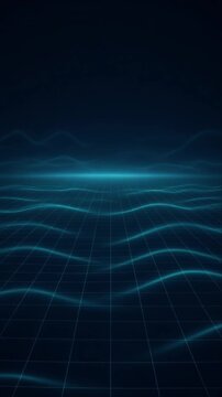 Cinematic futuristic technology background with glowing blue digital grid horizon, flowing wave line, immersive virtual landscape, and dark science fiction interface for innovation concepts