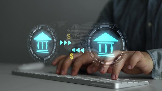 Bank transfers and financial transactions with data protection. Online banking operations and interbank digital payment.Money transfers from different currencies internationally and currency exchange
