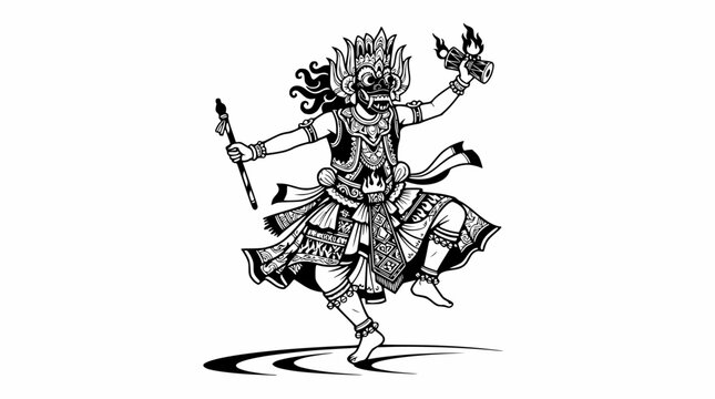 Balinese Rangda Masked Dancer, Fire Dance, Traditional Performance Art, Black and White Illustration