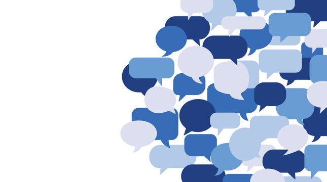 Group of blue speech bubbles and chat boxes representing communication and social media conversation
