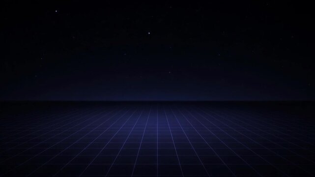 Futuristic Cinematic Technology Background with Glowing Blue Grid Floor Beneath Starry Night Sky, Dark Horizon, Spacious Digital Landscape for Modern Visual Design and Science Fiction Concepts