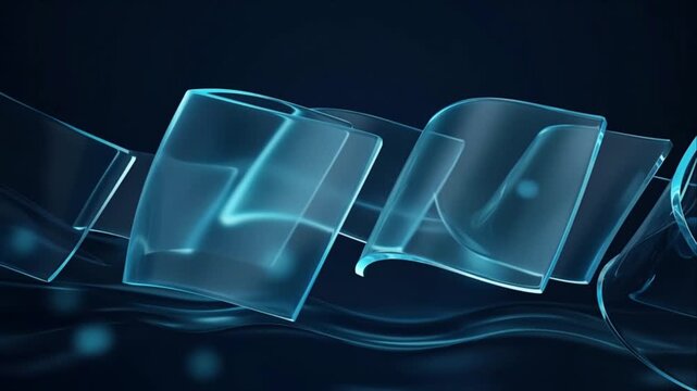 Cinematic Futuristic Technology Background with Translucent Blue Glass Wave Forms, Abstract Fluid Motion, Reflective Digital Atmosphere, and Sleek Liquid Depth for Modern Visual Design