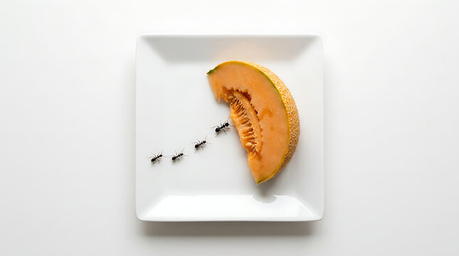 Ants marching carrying seeds from fresh sweet melon slice on white square plate