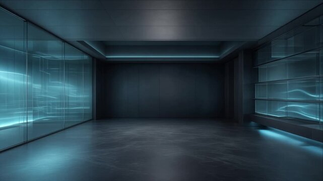Cinematic futuristic technology background featuring empty dark room interior, reflective glass wall, cool blue cyan lighting, polished floor, sleek architectural space for immersive digital design