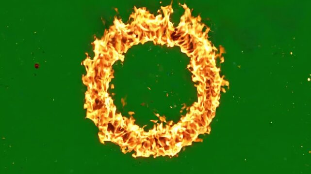 Realistic Cinematic Fire Ring Burst with Rotating Orange Flames, Glowing Embers and Sparks Isolated on Pure Green Screen Background, Powerful VFX Overlay Animation, 4K Stock Video