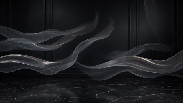 Cinematic Futuristic Technology Background with Abstract Flowing Translucent Silver Wave Ribbon Across Dark Reflective Surface Creating Elegant Atmospheric Motion for Digital Design