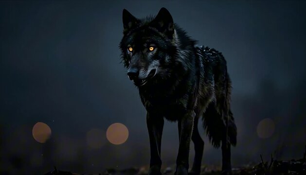 dramatic black wolf silhouette glowing amber eyes dark blue bokeh