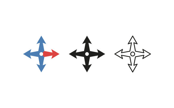 Minimalist four way directional arrows icons set in blue black and outline style