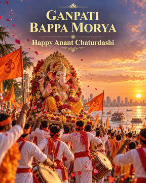 Ganpati Bappa Morya Happy Anant Chaturdashi procession during sunset