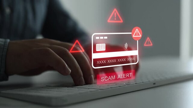 Financial scam concept featuring bank card fraud, mobile phishing attacks and online payment risks. Digital banking security alert focused on identity theft prevention, data protection and cybercrime.