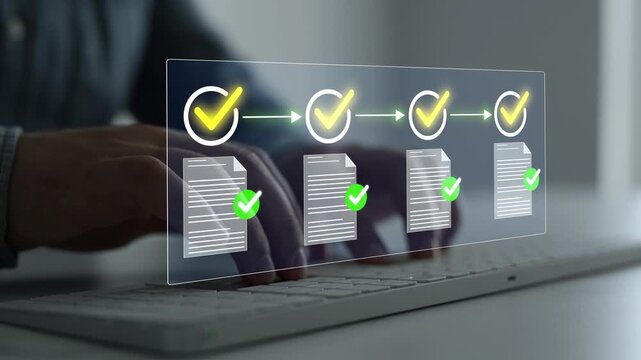 Digital task management interface with completed checklist items and verification marks. Business workflow concept focused on organization, productivity, project tracking and operational success.	
