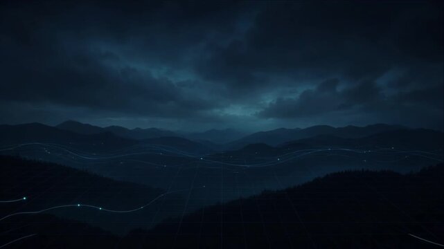 Cinematic Futuristic Technology Background with Dark Mountain Landscape, Storm Clouds, Glowing Digital Network Lines, Atmospheric Grid, and Mysterious Night Mood