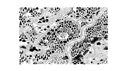 Fototapeta premium Whimsical Black and White Forest Map with Rivers and Trees