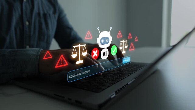 Artificial intelligence risk and ethics concept with compliance, governance, transparency and responsible technology management. Modern business workflow trust, safety, privacy and regulatory control.