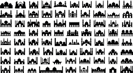 Fototapeta premium Mosque Silhouette Vector Icon Set Featuring Islamic Domes and Minarets for Ramadan and Eid Mubarak Design