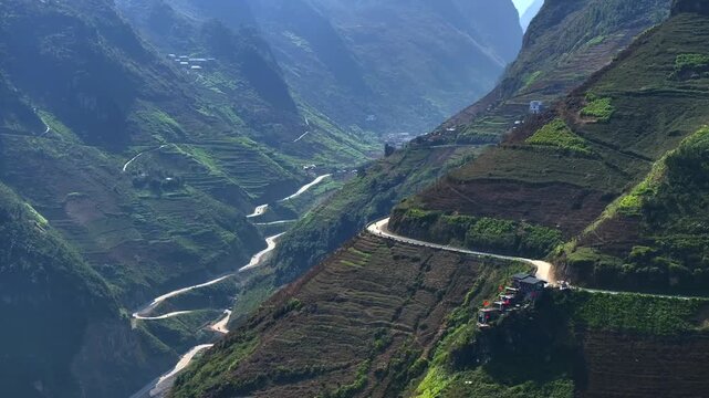The winding road of Ma Pi Leng Pass in Vietnam. A Part of a Famous Ha Giang Loop. Beautiful destinations Asia. Aerial.