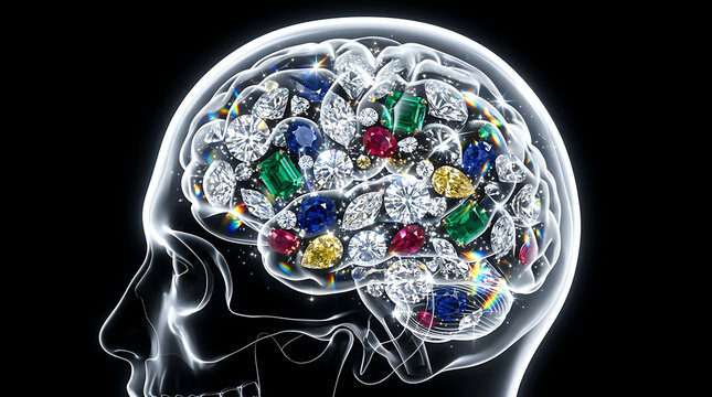 Human head profile filled with precious gemstones and diamonds representing intelligent thoughts