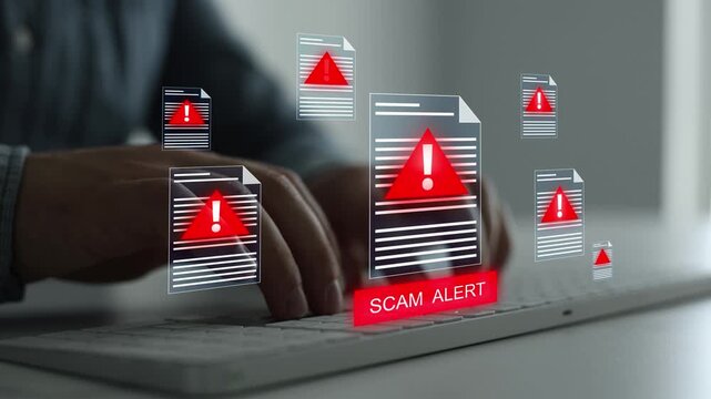 Scam documentation and identity fraud concept with forged files, counterfeit records and cybersecurity monitoring. Modern business solution for risk assessment and fraud prevention.