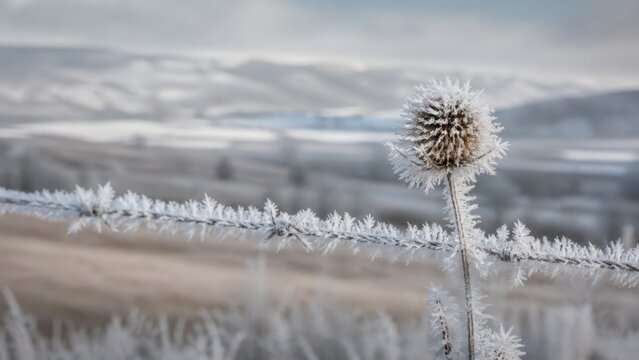 Telephoto view of Hoarfrost crystals on fence wire and seed heads