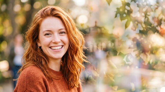 Smiling redhead woman outdoors with warm autumn bokeh and botanical double exposure, ideal for a seasonal banner
