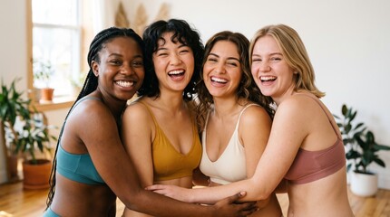 Fototapeta premium Four happy diverse young women embracing and laughing together at home in a body positive friendship portrait