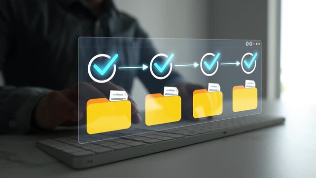 Digital task document management with checkmark, workflow optimization and project planning. Corporate productivity, document review and business process automation concept.