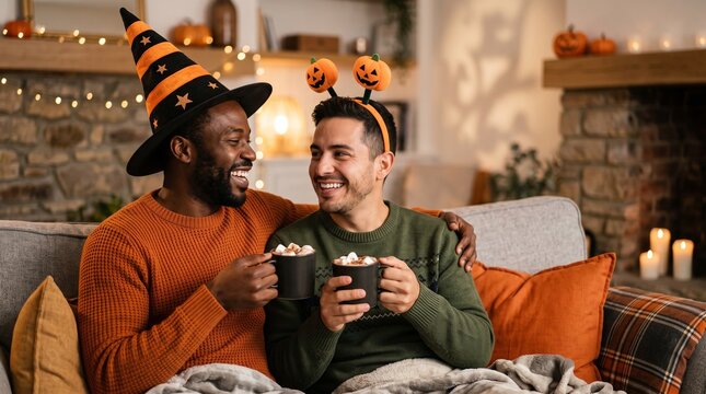 Happy diverse couple wearing playful Halloween hats and drinking hot cocoa together on a cozy autumn sofa