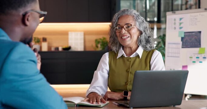 Office meeting, smile and handshake with woman in interview, financial analyst recruitment and laugh. Shaking hands, mature person or hiring agreement with data specialist for investment conversation
