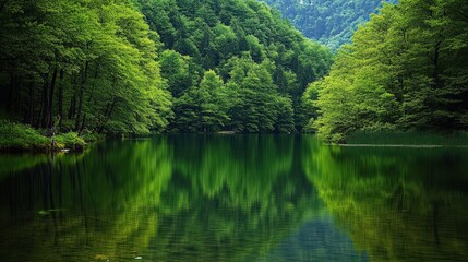 Fototapeta premium Calm lake reflecting lush green forest landscape on a serene summer day, idyllic peaceful nature scene.