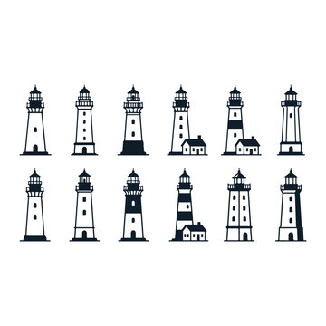 Nautical lighthouse icon set featuring black maritime beacon silhouettes