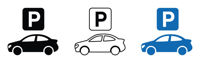 Parking Signage Collection: A set of three distinct parking signs, each featuring the iconic 'P' symbol above a silhouette of a car, showcasing variations in style and color. © Vector By Thakur